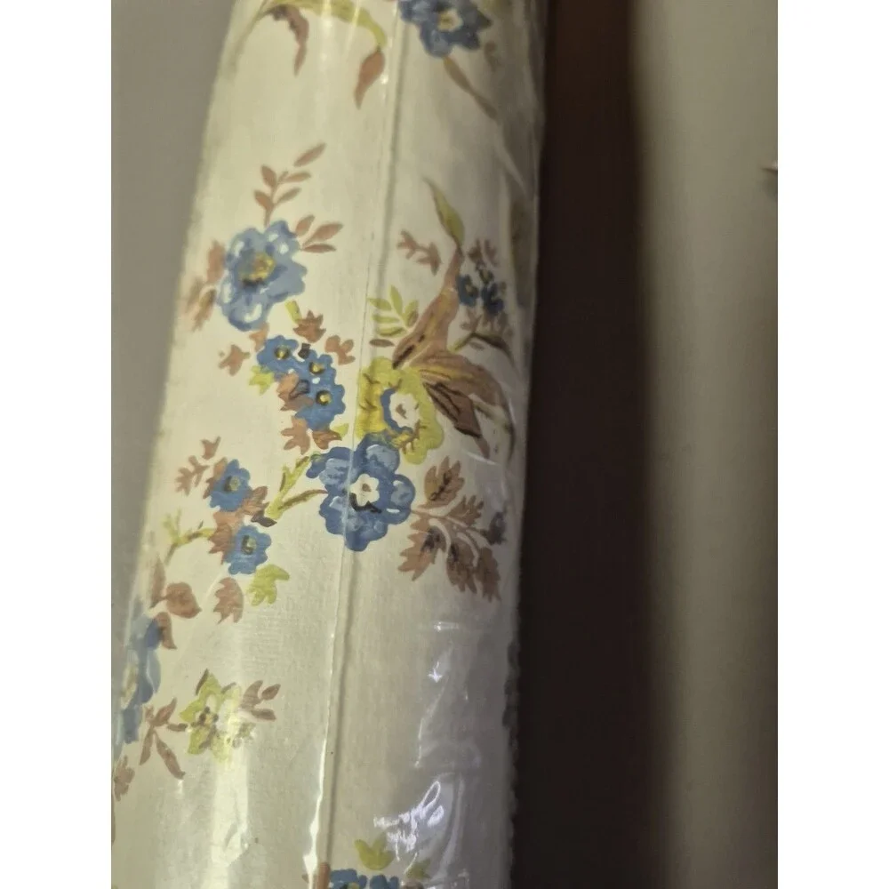Vintage Vinyl Floral Wallpaper Blue Brown Green Textured Feel